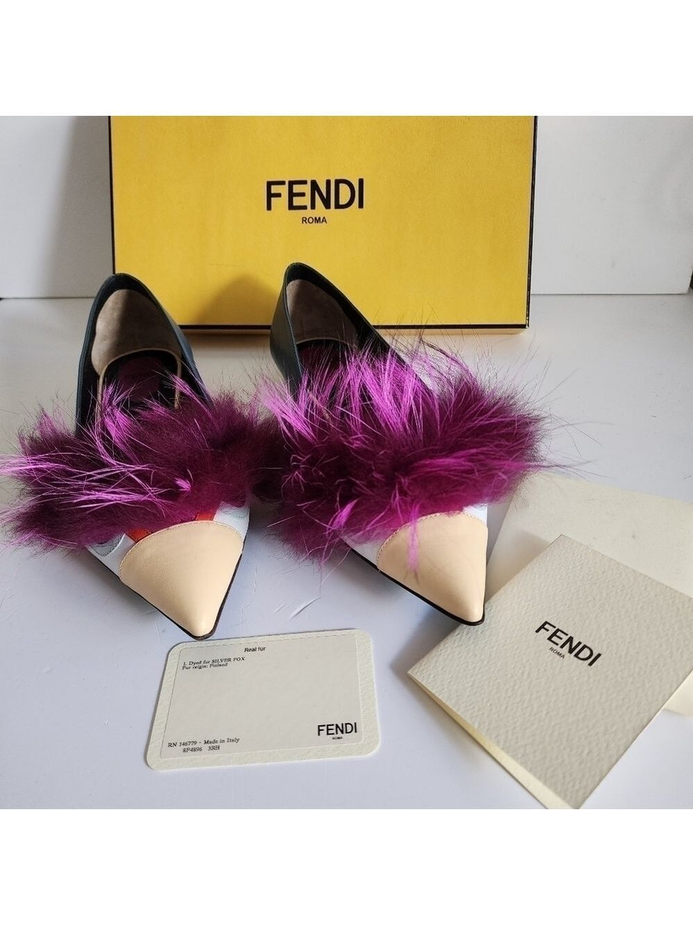 NEW Fendi Leather And Fur Monster Eye Pointed Toe Ballet Flats Size 38